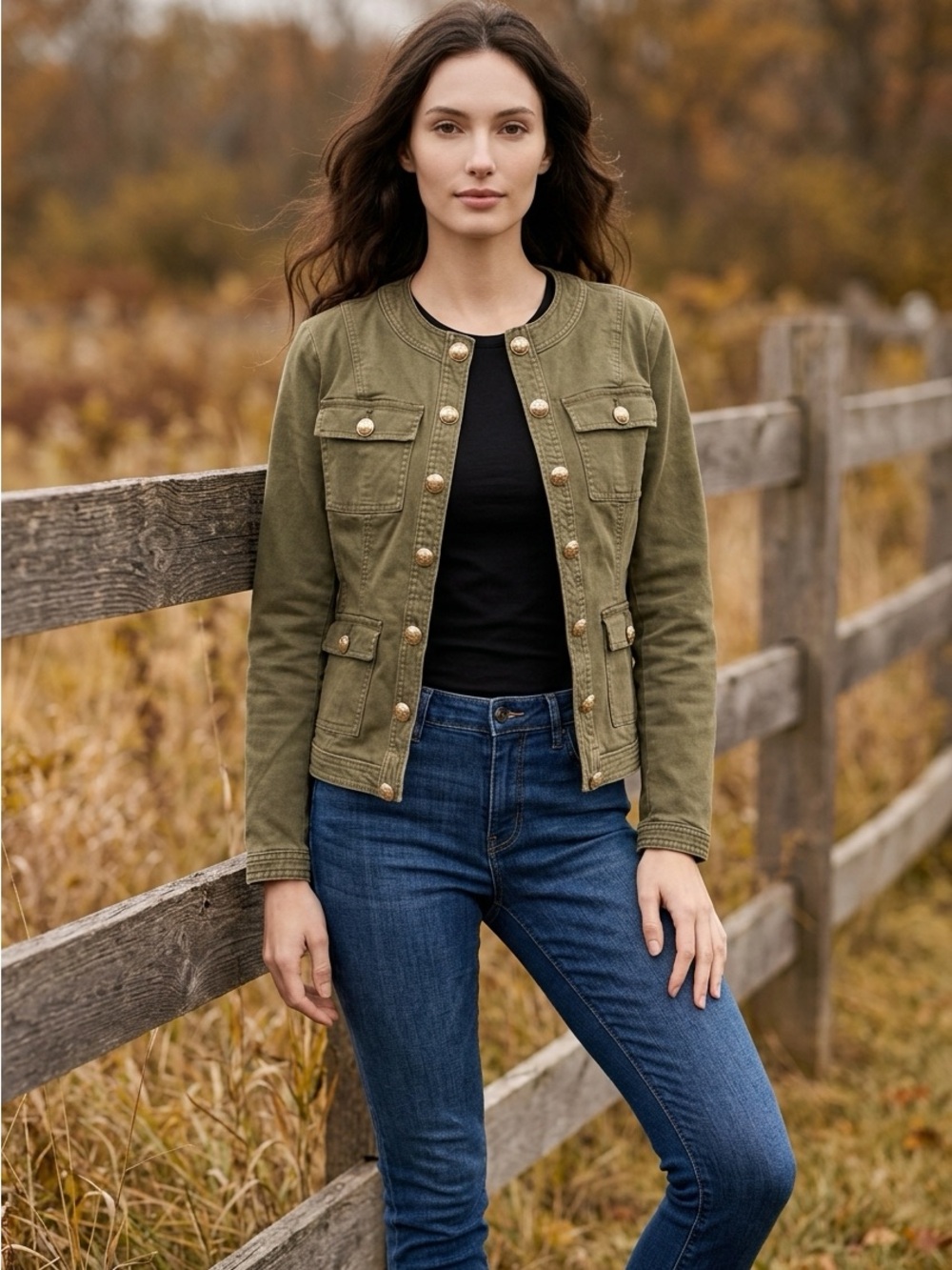 White House Black Market Military-Inspired Utility Jacket with gold hardware.